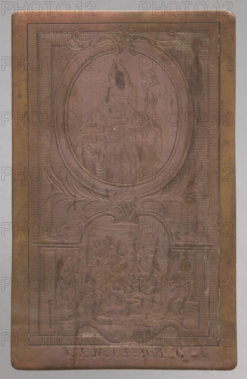 S. Erasmus (Saint Erasmus the Martyr). The copperplate depicts Saint Erasmus, Catholic and Orthodox bishop and martyr (d. ca. 305), captured and tortured under Emperor Diocletian. He is shown in episcopal robes holding a book, and in his martyrdom holding the crank on which his entrails are wound with iron claws. Composition: on a rectangular profiled panel, the upper part contains a plastic oval frame with the saint in episcopal robes and the crank attribute; the frame is topped with a simplified acanthus ornament and flanked at the bottom by stylized palm branches. The lower part, in a cartouche separated by architectural elements, shows the martyrdom scene. The entire composition was drawn and etched; architectural elements of the panel, frames, background, and flames were added with a stylus. The martyrdom scene and the figure are mostly etched with only traces of stylus strokes. The engraving was executed by an expert graphic artist and may be an import; its quality differs from m...