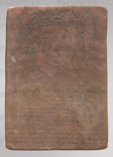 Head of Christ in a Shadow Crown (Ad Sanctam Christi Coronam Antiphona), graphic artist; Jesus Christ, Vera Icon; 18th century; graphic matrix/graphic plate; height 8.9 cm, width 6.3 cm; maker: Konstanty Tyszkiewicz (1806–1868)