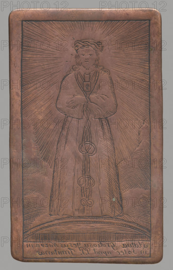 Recto: Image of the figure of Christ in the Trinitarian church in Solec in Warsaw; verso: Stigmatization of St. Francis. Double-sided plate. Recto: representation of the figure of Christ the Nazarene in the Trinitarian church in Solec — standing Jesus wearing a crown of thorns, hands bound with a rope that loops to his feet, and a Trinitarian scapular with a cross on his chest; inscription at the bottom: Statua Gratiosa Jesus Nazarent, in Solec apus PPTrinitariae. This statue (Jesus of Nazareth the Redeemed / Jesus of Madrid) is a life-size figure dressed with real hair wig and a red cloak, placed in 1726 in the Great Altar of the Holy Trinity Church in Solec; associated with the Trinitarian Order and the ransom of captives; iconographically related to Ecce Homo but distinguished by the Trinitarian scapular. Verso: earlier composition depicting the kneeling Saint Francis before a cross with a lily behind him, with a crucifix floating in rays at the top; inscription at the bottom: S. FR...