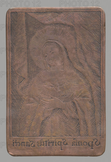 Recto: Our Lady the Spouse of the Holy Spirit (Sponsa Spiritus Sancti). Image of the Virgin Mary in a maphorion with her arms crossed on her breast under the image of the dove of the Holy Spirit; pleated drapery background. Folds shaded by parallel and intersecting stylus lines. Enclosed in a rectangular double linear frame. Inscription at bottom: 'Sponsa Spiritus Sancti."
I:\nmw crop ready cleaned\ WQXBCFS
I:\nmw crop ready cleaned\Verso: Saint Ignatius of Loyola. Image framed in a laurel wreath; the saint in a biretta holding an open book, cartouche with inscription at the bottom, four roses in the wreath's corners. Inscription: 'S. Ignatius de Lojola, Societatis Jesu fundator, Terror demonum parturientium refugium."
I:\nmw crop ready cleaned\ WQXBCFS
I:\nmw crop ready cleaned\Double-sided plate, unidentified engraver (18th century, c. 1750–1800). Graphic matrix/print (graphic plate). Dimensions: height 7.1 cm, width 4.7 cm. The image is part of a series of devotional graphic com...