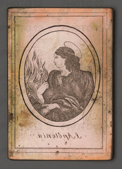 S. Apolonia (Saint Apolonia), Czerski, Stanislaw (1777–1833), draughtsman. Apolonia (Saint; ?–249), devotional depiction, saint shown bust-length holding tongs with an extracted tooth; flames to her right; martyr's palms; halo. Composition in an oval within a double linear frame, the whole within a rectangular linear frame along the plate edge. Engraving made by Father Stanislaw Czerski in Salanty in Samogitia. As a parish priest, with the help of a young assistant he engraved images of saints with Samogitian inscriptions for his parishioners; the plates, press and tools were transferred to Vilnius after his death. 1822–1832. Graphic matrix/graphic plate. Height 7.5 cm, width 5.1 cm.