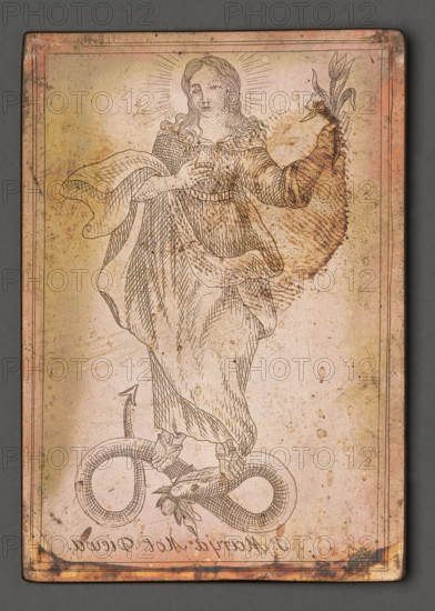 S. Marya Mot. Diewa. (Maria - Immaculate Conception), Czerski, Stanislaw (1777-1833), graphic artist; Mary (mother of Jesus Christ) trampling a snake (devil), holding a lily (attribute); devotional depiction; composition enclosed in a double linear frame. Engraving made by Father Stanislaw Czerski in Salanty in Samogitia. Text notes he engraved images of saints with Samogitian inscriptions for his parishioners; the plates, press, and tools were transferred to Vilnius after his death. Date: 1822–1832. Medium: graphic; graphic matrix/plate. Dimensions: height 7.7 cm, width 5.4 cm.