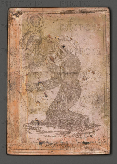 S.Antons. (Saint Anthony of Padua). Czerski, Stanislaw (1777–1833), graphic artist. Antoni Padewski (Saint; 1195–1231). Tyszkiewicz, Konstanty (1806–1868). Monuments of domestic engraving (cf.). Devotional scenes, saints, religious paintings, prayer, Child Jesus, monks, halos, clouds, devotional representations. The image shows Saint Anthony of Padua kneeling before the baby Jesus who appears to him in a cloud. The composition is enclosed in a double linear frame. The engraving was made by Father Stanislaw Czerski in Salanty, Samogitia. As a parish priest, with the help of a young assistant he adopted, he devoted himself to engraving images of saints with Samogitian inscriptions: he engraved these images for his parishioners, who, as inhabitants of Samogitia, knew no other language. 1822–1832. Print; graphic matrix; graphic plate. Height 7.7 cm, width 5.4 cm.
