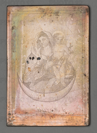 S. Marya (Maria with baby Jesus on a crescent). Maker: Stanislaw Czerski (1777–1833), graphic artist, engraving made by priest Stanislaw Czerski in Salanty in Samogitia. Subject: Mother of God (Mary) bust on the rim of the moon, with baby Jesus holding a cross. Notes: as a parish priest he engraved images of saints with Samogitian inscriptions for his parishioners; the plates, press and tools were transferred to Vilnius after his death. Date: 1822–1832. Medium/format: graphic matrix/graphic plate (engraving). Dimensions: height 7.6 cm, width 5.2 cm. Genres/keywords: Jesus Christ, Mary (mother of Jesus), Mother of God, Baby Jesus, religious painting, devotional scene, devotional representation, oval, crescent (symbol).