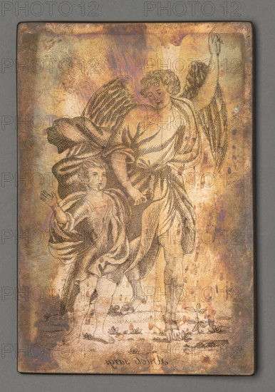Angels sargs. (Guardian Angel), Czerski, Stanislaw (1777–1833), graphic artist. Guardian Angel, devotional depiction: a Guardian Angel leading a child by the hand, with plants at their feet. Stipulated copperplate on the face and body. Engraving made by Father Stanislaw Czerski in Salanty in Samogitia. As a parish priest, with the help of a young assistant he engraved images of saints with Samogitian inscriptions for his parishioners. After his death the plates, press and tools were transferred to Vilnius. Date: 1822–1832. Graphic matrix/graphic plate. Height 9.9 cm, width 6.6 cm.