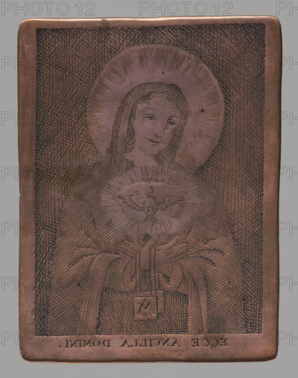 Recto: Our Lady the Bride of the Holy Spirit (Ecce Ancilla Domini); verso: Monogram MARYA, graphic artist, Lohojsk. Monuments of domestic engraving, winged putti, Holy Spirit, Mary (mother of Jesus Christ) - monograms, garlands (ornament), Marian monogram. After 1800 (recto), 2nd half 17th century (verso). Graphic, graphic matrix, graphic plate. Height 8 cm, width 6 cm.