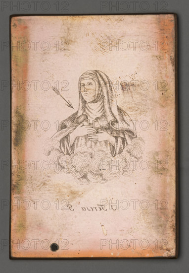 S. Teresa P. (Saint Teresa of Avila), Czerski, Stanislaw (1777-1833), graphic artist. Teresa of Jesus (Saint; 1515-1582), saints, devotional representation, clouds, arrows (attribute), nuns, religious painting/engraving. The image shows Saint Teresa in bust, hands on her chest toward which an arrow is approaching. Saint Teresa of Ávila (Teresa Sánchez de Cepeda y Ahumada), born March 28, 1515, Gotarrendura (Ávila), Spain; died October 4, 1582, Alba de Tormes, Spain; Spanish mystic, Carmelite nun, Counter-Reformation writer, theologian of contemplative life, reformer of the Carmelite Order, cofounder of the Discalced Carmelites with John of the Cross. Engraving made by Father Stanislaw Czerski in Salanty, Samogitia; he engraved images of saints with Samogitian inscriptions for his parishioners. Date: 1822–1832. Medium: graphic; graphic matrix/graphic plate. Dimensions: height 9.9 cm, width 6.8 cm.