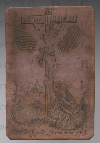 Iesus amor meus Crucifisus est (Christ on the Cross and Mary Magdalene). Reverse: S. Theresa (Image of St. Teresa). Mary Magdalene (St.). Teresa of Avila (Saint; 1515–1582) — iconography. Image: Christ crucified with the figure of Mary Magdalene kissing Christ's feet; at the bottom the inscription: Iezus amor meus Crucifixus est. The image belongs to a series of graphic compositions depicting images that are objects of cult, most made by anonymous engravers, often in monastery engraving workshops. After 1750. Graphic; graphic matrix/plate. Height 11.2 cm, width 7.5 cm.