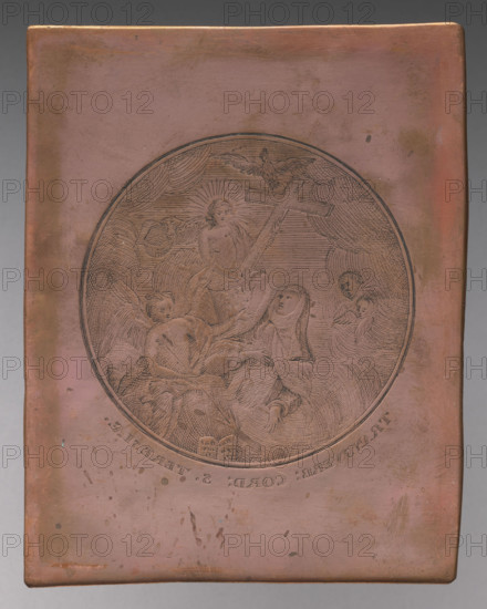 Vision of St. Teresa of Avila, Pczycki, Stanislaw (ca. 1769–1844), graphic artist; Teresa of Avila (Saint; 1515–1582) — iconography; Catholic saints; dated 1800–1850; graphic; graphic matrix/plate; height 11.5 cm, width 9 cm.