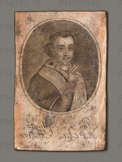 Pius Septimus, RP Electus Anno 1800 (Portrait of Pope Pius VII). John Alais (ca. 1778–fl. ca. 1820), graphic artist. Pius VII (pope; 1740–1823) — portrait, male clergy, blessing; inscription at bottom: 'Pius Septimus RP Electus Anno 1800.' Composition in an oval with a dotted background, enclosed in a linear (dotted) frame. Series of stippled copperplate engravings (etched), height 9.9 cm, width 6.5 cm; after 1799, London. Historical notes depicted: Pius VII became a cardinal in 1785, took over the diocese of Imola, built churches, hospitals, and colleges, had relations with Polish legionnaires in Imola, was elected pope in 1800, concluded a concordat with France in 1801, participated in Napoleon's coronation in 1804, and reactivated the Jesuit Order on August 7, 1814. Possible association with Jesuit or other religious printing houses; probable authorship by John Alais.