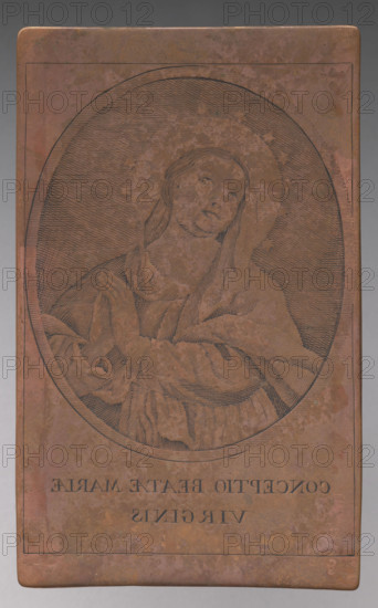 Image of the Virgin Mary (Conceptio Beatae Mariae Virginis). Graphic artist, Lohojsk. Title/inscription at bottom: 'Conceptio beatae Mariae virginis.' Image in an oval frame (filled with diagonal lines), entire composition enclosed in a linear frame. Belongs to a series of graphic compositions depicting images that were objects of worship. Most were made by anonymous engravers, often in monastery engraving workshops. Date: 1795–1825. Medium: graphic; graphic matrix/plate. Dimensions: height 12 cm, width 7.4 cm. Maker: Tyszkiewicz, Konstanty (1806–1868) noted in accompanying text.