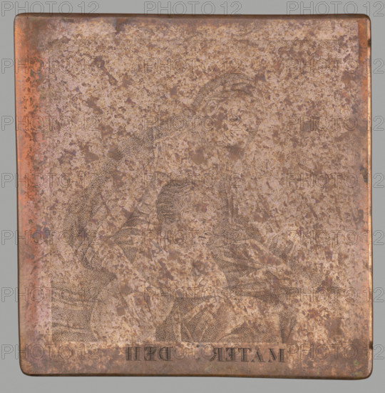 Mater Dei, graphic artist, Lohojsk; Mary (mother of Jesus Christ), Jesus Christ; Tyszkiewicz, Konstanty (1806-1868). Monuments of National Engraving. Engraving made in the stippled etching technique — drawing with the sharp tip of a needle on the varnish covering a copper plate (the punctures reach the surface of the plate) then the etching matrix; a few etching lines visible in the hair of both figures. Etched inscription. 1st quarter of the 19th century. Graphic matrix/plate. Height 16 cm, width 15.6 cm., A square metal plate with a mottled surface in shades of brown, rust, copper, and tan shows a faint, worn engraved scene of a woman and child; the figures are composed of fine dotted lines and sit within the plate's bordered area, with the woman's head visible above the child's and the child's head and torso in front; the plate's edges display slightly darker copper tones and some greenish oxidation, and a narrow frame of slightly different copper hues surrounds the central mottled ...