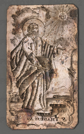 S THADEUS Ap: (Saint Thaddeus the Apostle), Masieski, Jan (fl. ca 1750-1800), graphic artist; Jude Thaddeus (St.), saints, apostles, devotional representations, devotional scenes, IHS monogram, books (attribute), clouds, religious paintings, halos. The engraving shows Saint Thaddeus en pied in a folded robe, holding a book and a line. At left and above is the IHS monogram in a halo of rays. The composition is framed below with a rocaille ornament on the lower sides forming a cartouche at the bottom. The saint's face and halo are stippled. Judas Thaddeus, one of the twelve apostles, a Catholic and Orthodox saint and martyr, came from Cana of Galilee. The saint's attributes include stones, a cross, a book, a staff, a fishing boat, a club, a sword, clubs and an axe, and a line. Probably made by Jan Masiesk; similar engravings are executed with a stylus and feature stippled faces and characteristic rocaille frames, cartouches and bases. Date: 1750–1800. Medium: graphic matrix/plate. Dimens...