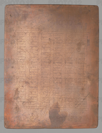 Names of months and days written in columns. Jan Nikodem Lopacinski (1747–1810), graphic artist. Composition with a board inscribed with the names of months and days of the week in Polish and Latin; seems to continue a card. Part of a series of graphic compositions depicting images of worship, portraits, views, plans, educational engravings, and genre themes; many made by anonymous engravers in Vilnius monastery engraving workshops, produced before 1810. Graphic plate; height 21.9 cm, width 16.8 cm.