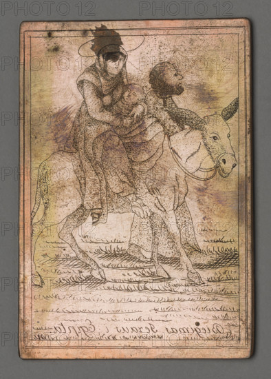 Biegimas Jezaus and Egypt (The Flight into Egypt), Czerski, Stanislaw (1777-1833), graphic artist. The Flight into Egypt, Tyszkiewicz, Konstanty (1806-1868). Monuments of domestic engraving, biblical scenes, Mary (mother of Jesus Christ), Jesus Christ, New Testament (Bible), Joseph (Saint), donkeys, religious painting, Baby Jesus. The image depicts the Flight into Egypt: Mary with baby Jesus on a donkey, led by Joseph visible in the background. The composition is enclosed in a triple linear frame. The engraving was made by Father Stanislaw Czerski in Salanty, Samogitia. 'As a parish priest, with the help of a young assistant he adopted, he devoted himself to engraving images of saints with Samogitian inscriptions: for he only engraved these images for his parishioners, who, as inhabitants of pure Samogitia, know no other language. The above-mentioned plates, together with the press and all the tools for imprinting them, were transferred to Vilnius after his death.' 1822–1832, print, gr...
