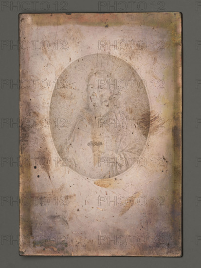 Christ with a Burning Heart in an Oval, ca. 1800. John Alais (ca. 1778–fl. ca. 1820), graphic artist. Stippled copperplate engraving, height 15.6 cm, width 10.3 cm. Composition enclosed in an oval surrounded by a linear dotted frame. Christ shown in a bust, head slightly bowed, displaying a heart crowned with thorns and a cross burning on his chest. Belongs to a series of graphic compositions depicting objects of worship and devotional representations associated with the cult of the Sacred Heart of Jesus. Possibly made for Jesuit publications or congregations such as the Society of the Sacred Heart; plates may have originated from monastery printing houses. Some impressions bear inscriptions indicating Peccanarist / 'Society of the Faith of Jesus.' Engraver's signature and publisher's name appear on some prints.