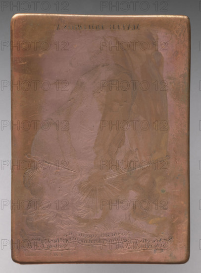 Our Lady of Sorrows (matrix), Nowicki, CH (fl. ca. 1800–1825), graphic artist; graphic matrix/plate, 1800–1825, Vilnius. The image depicts the weeping Our Lady of Sorrows with seven swords thrust into her heart; on the right, a putto with an expression of pain. At the bottom, a ribbon with a quote from the Book of Ruth. Height 12.2 cm, width 8.7 cm.