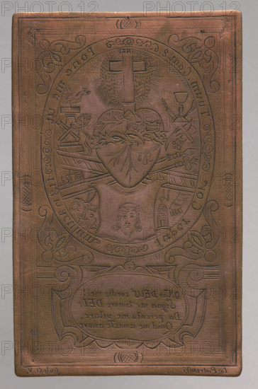 The Heart of Jesus surrounded by the Arma Christi, Piotrowski, Jan Onufry (fl. 1754–1765), graphic artist. Arma Christi (attribute). The Heart of Jesus. I Monuments of domestic engraving, 1754–1768. Vilnius. Graphic; graphic matrix/plate. Height 8.7 cm, width 5.5 cm.