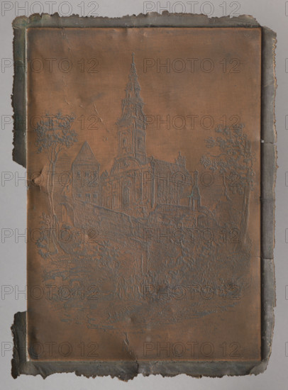 Church on a hill; artist: Pusch, Bronislaw (fl. ca. 1841–ca. 1878), graphic artist; associated/related artist: Witke-Jezewski, Dominik (1862–1944); subject: churches; date: 1850–1900; location: Warsaw; plaque; height 15.1 cm, width 10.6 cm