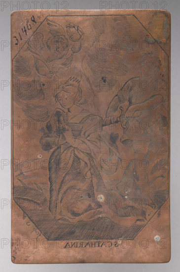 Recto: Our Lady of the Congregation; verso: Saint Catherine of Alexandria. Makers: Leon Tarasewicz (ca. 1650–ca. 1703), graphic artist (recto); SW (engraver; fl. ca. 1700), graphic artist (verso). Iconography: Our Lady, Hodegetria (recto); Catherine of Alexandria (saint; ca. 282–ca. 300) (verso). Title/series: Monuments of national engraving, Catholic saints. Date: 1687 (recto); after 1700 (? ; verso). Place: Vilnius. Medium: graphic, graphic matrix/plate. Dimensions: height 14 cm, width 8.9 cm.