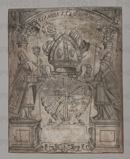 Coat of arms of the Petershausen monastery (recto); Image of Madonna and Child (verso). Monogramist TVB (graphic artist; fl. ca. 1560–ca. 1580), graphic composition; Hendrick van Balen (1575–1632), painter (alleged creator of the painting). Subjects and iconography: coats of arms; quadripartite coat of arms in a scrollwork cartouche under a mitre with a crosier; on both sides, figures standing on plinths against a background of columns forming an arcade; left: holy bishop donor with a model of the temple; right: papal figure with a papal scroll; between the plinths, a horizontal scrollwork cartouche. Reverse: Madonna and Child. Materials, dates and dimensions: oil; recto ca. 1550, verso ca. 1600; graphic matrix/plate and painting; height 28.1 cm, width 22.1 cm. Figures referenced: Mary (mother of Jesus), Child Jesus/Jesus Christ; historical personages cited in iconography include Gebhard II (949–995), Gregory I the Great (ca. 540–604). Order: Benedictines.