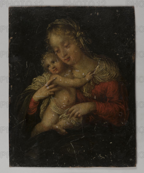 Coat of arms of the Petershausen monastery (recto); Image of Madonna and Child (verso). Monogramist TVB (graphic artist; fl. ca. 1560–ca. 1580), graphic artist (graphic composition). Hendrick van Balen (1575–1632), painter (alleged creator of the painting). Subjects and motifs: coats of arms; quadripartite coat of arms in a scrollwork cartouche under a mitre with a crosier; on both sides, figures standing on plinths against a background of columns forming an arcade; left: the holy bishop—donor (abbot/founder?) holding a model of the temple; right: a papal figure with a scroll; between the plinths, a horizontal scrollwork cartouche. Iconography: Madonna and Child; Mary (mother of Jesus Christ); Jesus Christ; Child Jesus; Gebhard II (949–995); Constance (Germany); Gregory I the Great (St.; pope; ca. 540–604); Benedictines (order). Materials, dates, and format: recto ca. 1550, verso ca. 1600; medium: oil (verso) and graphic/graphic plate (recto); height 28.1 cm, width 22.1 cm.