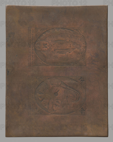 Two compositions side by side: Virgin Mary and Child and Immaculata; Mary (mother of Jesus Christ); Turkiewicz, Roman (fl. 1935); devotional articles; Virgin Mary and Child (iconographic); anchors; Immaculata (iconographic); winged putti (iconographic); Mary (mother of Jesus Christ) – monograms; after 1800; graphic; graphic matrix; graphic plate; height 10.8 cm; width 12.5 cm