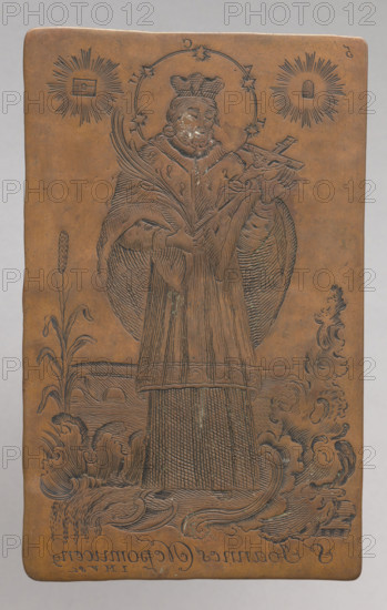 Recto: Saint John of Nepomuk; verso: Saint Florian. The author is probably Jan Maszewski (Masieski), graphic artist, active ca. 1750–1800. Signature under the image of Saint Casimir: IMVS (Ian Masieski Vilnesis Sculpsit). Masieski also signed with variations such as IM V. sc. and IMS. Obverse: image of Saint John of Nepomuk with a crucifix, with a bridge span in the background; at the bottom a rocaille ornament with flowing water and a reed on the left. Reverse: image of Saint Florian extinguishing a burning house on the left with water poured from a bucket; rocaille ornament at the bottom. Subjects: Saint Florian (d. post 250–304), John of Nepomuk (ca. 1350–1393). Materials/technique: graphic plate/graphic matrix. Date: 1750–1790. Place: Vilnius. Dimensions: height 10.9 cm; width 6.8 cm; thickness 0.1 cm.