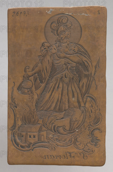 Recto: Saint John of Nepomuk; verso: Saint Florian. The author is probably Jan Maszewski (Masieski), graphic artist, ca. 1750–1790, Vilnius. Signature under the image of Saint Casimir: IMVS (Ian Masieski Vilnesis Sculpsit). Masieski signed with his full name and a monogram (examples: IM V. sc., IMS). Obverse: image of Saint John of Nepomuk with a crucifix, with a bridge span in the background; at the bottom, a rocaille ornament with flowing water and a reed on the left. Reverse: image of Saint Florian extinguishing a burning house on the left with water poured from a bucket; rocaille ornament at the bottom. Subject: Catholic saints (Saint John of Nepomuk, Saint Florian). Materials/function: graphic matrix/graphic plate. Dimensions: height 10.9 cm, width 6.8 cm, thickness 0.1 cm.