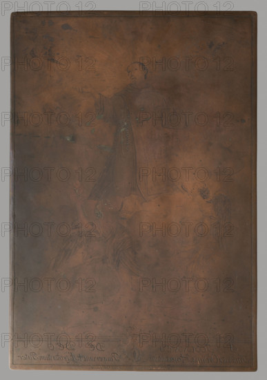 Saint John of God, Labinger, Jakub (fl. 1726–1760), graphic artist. Saint John of God (1495–1550) — iconography. Saint John of God in monk's robes with a rosary at his belt is shown with his hands outstretched in prayer, carried on a cloud by two angels (one holding a lily) and a putto. On the sides, holy putti emerging from the clouds. At the bottom, between the inscription, a cartouche with the emblem of the Brothers Hospitallers order with a six-pointed star above the emblem; the cartouche below a noble crown. Composition in a frame, ca. 1735. Graphic plate (graphic matrix), height 34.3 cm, width 23.6 cm.