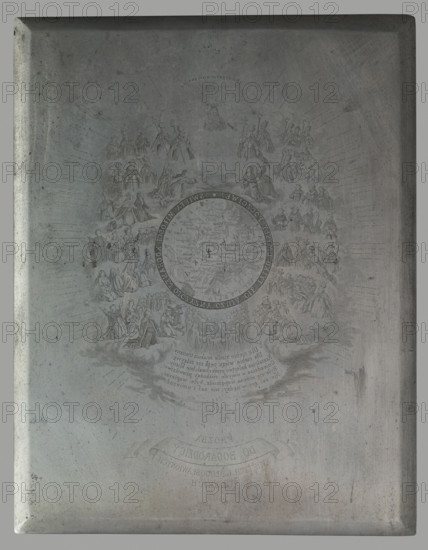A request to the Mother of God, Polish saints and blessed; Lewicki, Jan Nepomucen (1795–1871), graphic artist; Woznicki, Kazimierz (1878–1949); Catholic saints; prayers; Our Lady of Czestochowa (painting); blessed; 1867; Paris; graphic; graphic matrix; graphic plate; height 25.3 cm; width 19.6 cm; thickness 0.2 cm, A rectangular metal plate with a slightly raised rim and rounded corners, shown flat against a neutral background; the surface is mottled with a range of gray tones, including pale silver, mid-gray, and darker gray areas, with a few faint brownish stains and spots of darker discoloration. Etched into the plate is a large circular central design surrounded by many small grouped human figures arranged in a roughly circular pattern; the figures appear in robes and cloaks and are shown in various seated and standing poses, with some figures holding staffs or similar objects. Radiating lines and subtle shading surround the groups, and faint decorative marks and ornamental shading...