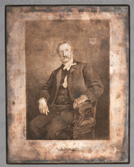 Portrait of Pawel Popiel; Lopienski, Ignacy (1865–1941), graphic artist; Pochwalski, Kazimierz (1855–1940), graphic artist; Studzinska, Zofia (fl. ca. 1947–1950). Subject: Pawel Popiel (1807–1892). Iconography: male portrait of a political/social activist and politician, includes coats of arms. Date: 1891, Munich. Medium: graphic; graphic matrix/plate. Dimensions: height 34.9 cm, width 27.3 cm., A framed engraved portrait of a seated older man with a mustache and beard wearing a dark suit and light-colored neckwear, posed in a carved wooden chair with an upholstered seat and ornate armrest; the image is rendered in brown tones with visible textured shading, set against a mottled lighter border showing patina and discoloration in tan, beige, gray, and greenish hues, and the frame edges are dark brown.