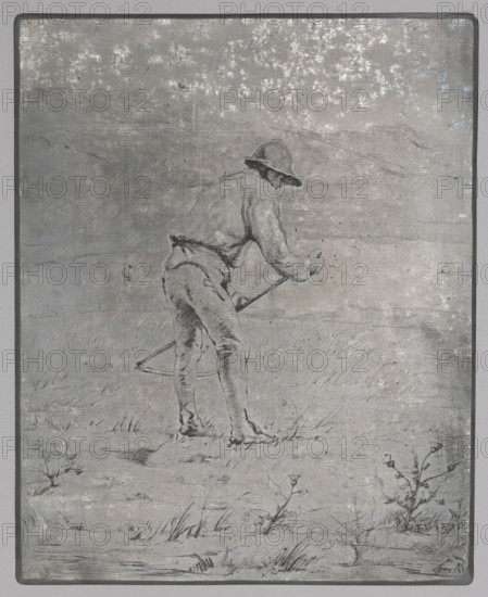 Highlander; Ignacy Lopienski (1865–1941), graphic artist; highlanders, haymaking; 1930; Warsaw; graphic plate; height 27.3 cm, width 22 cm, A grayscale drawing of a person standing in a field, viewed from behind and slightly bent forward while holding a long-handled tool, wearing a wide-brimmed hat and simple clothing; the figure is sketched with visible pencil or ink strokes showing folds and contours. The ground shows patches of grass and a few small plants with slender stems and buds, and the background features faint horizontal lines suggesting distant terrain. The overall colors visible are shades of gray, silver, and muted black, with areas of lighter silvery speckling across the surface.