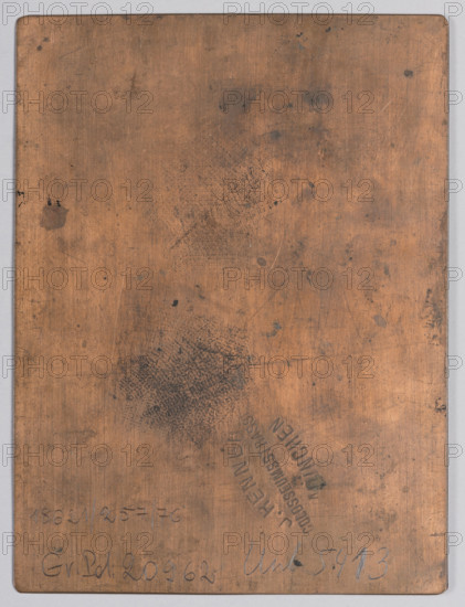 Barking dog; Ignacy Lopienski (1865–1941), graphic artist; genre scene; ca. 1930; graphic plate; height 16 cm, width 12 cm; dogs., A rectangular metal plate with rounded corners occupies the image, showing a worn, mottled surface in copper and brown tones with patches of darker gray and black discoloration. The plate displays a group of fine scratches and faint etched patterns, a few areas with clustered dark speckles, and several smudges and stains in darker brown and black. A narrow pale gray border is visible around the plate, and the overall surface has uneven shading with lighter and darker coppery regions.