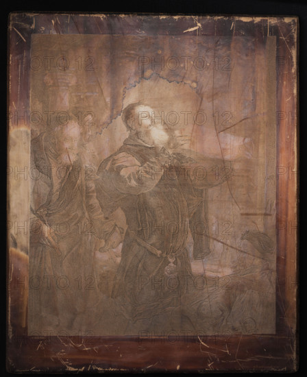 The Sentence on Matejko, Lopienski, Ignacy (1865–1941), graphic artist; Matejko, Jan (1838–1893), painter; iconography of Jan Matejko; premium plate for 1902 after Jan Matejko's painting 'Reading the Sentence on Matejko' (1867). Engraving printed by Ignacy Lopienski, produced in Warsaw (possibly at The Lopienski Brothers Artistic Studio) in 1902; Lopienski operated an engraving press in Warsaw. Graphic plate; dimensions: height 57.8 cm, width 46 cm, thickness 0.2 cm., A framed artwork showing a group of figures rendered in fine linework and washes, with a central bearded man in a dark robe gesturing upward and a few other robed figures around him; the scene uses muted browns, tan, ochre, and sepia tones with hints of pale pink and faded blue, and the surface shows visible wear, scratches, and areas of discoloration; a dark wooden frame with scuffs and chipped edges surrounds the image, and the overall composition appears aged with a textured, crackled surface.
