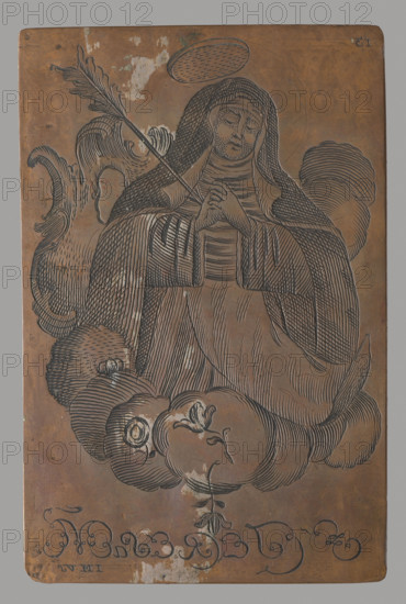 Saint Teresa of Avila; artist probably Jan Maszewski (Masieski, fl. ca. 1750–1800), graphic artist; design attributed also to Dominik Witke-Jezewski (1862–1944). Subject: Teresa of Avila (saint; 1515–1582) — saint in half-length on a cloud, with a martyr's palm (on the left), rocaille ornament behind the saint; flowers falling on the cloud. Signature under the image of Saint Casimir: IMVS (expanded: Ian Masieski Vilnesis Sculpsit). Masieski also signed with monograms such as IM V. sc., IMS, and IM; he may have worked in Vilnius. All matrices were created with a stylus; faces and the head of Christ are stippled. Compositions use characteristic rocaille ornament in frames, cartouches, and bases. Individual plates are numbered — possibly illustrations for a book. Maszewski created a frontispiece in 1767, so he could have produced illustrations for a book with lives of the saints. Date: 2nd half of the 18th century, place: Vilnius. Medium: graphic; graphic matrix/plate. Dimensions: height ...