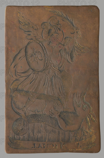 Saint Michael Fighting the Dragon, probably by Jan Maszewski (Masieski, fl. ca. 1750–1800), graphic artist; Witke-Jezewski, Dominik (1862–1944) (mentioned). Depicts Archangel Michael in armor, with a shield and a flaming sword, trampling the fallen Satan portrayed as a dragon with donkey ears, lying on his back in hellish flames. Signature under the image of Saint Casimir: IMVS, expanded as Ian Masieski Vilnesis Sculpsit. Masieski also signed with monograms (e.g., IM V. sc., IMS, IM), suggesting he may have worked in Vilnius. Plates created with a stylus; faces and the head of Christ are stippled. Compositions use characteristic rocaille ornament as frames, cartouches, and bases. Individual plates are numbered, perhaps as book illustrations. In 1767 Maszewski created a frontispiece for J. Kulikowski's Verbi Aeterni, so he may have produced illustrations for a book of saints' lives. 2nd half of the 18th century, Poland. Graphic plate (matrix), height 10.1 cm, width 6.5 cm, thickness 0.1...