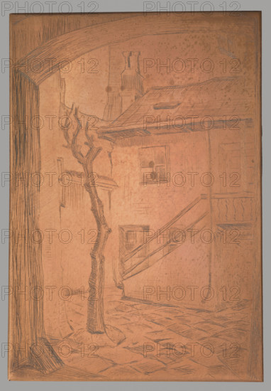 Yard with a dead tree; graphic artist; trees; urban courtyards; tenement houses; Polish graphics; after 1915; graphics; graphic matrix/plate; height 14.6 cm; width 10.1 cm; thickness 0.1 cm WQXBCFS