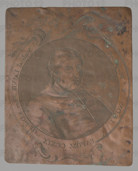 Portrait of Pope Leo X (Giovanni de' Medici, 1475–1521) in a circular (tondo) format decorated with rocaille ornament. Depicts Leo X (male portrait, pope, Catholic clergy); includes iconography related to the pope. Made as graphic art from a graphic matrix/plate. Attributed to Nowicki, Innocenty (fl. 17..–17..), graphic artist. Date: 2nd half of the 18th century. Dimensions: height 12.7 cm, width 10.3 cm, thickness 0.1 cm. Inscriptions/notes: references Leo X’s career—cardinal from 1492, pope from 1513, patron of the arts; involvement with the Fifth Lateran Council (1517) and actions regarding Luther (papal bull 1520).