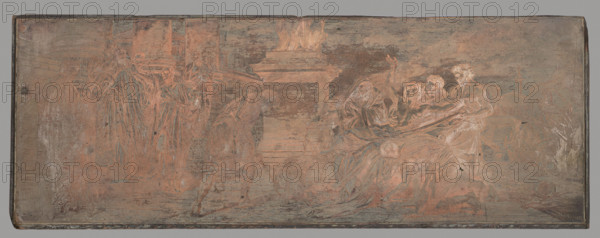 The Martyrdom of St. Lawrence; graphic artist; subject: The Martyrdom of St. Lawrence, Lawrence (St.; ?–258) — iconography, historical scenes, lictor's rods, martyrs, Catholic saints; 2nd half of the 19th century; medium: graphic matrix/graphic plate; dimensions: height 10.9 cm, width 29.1 cm, thickness 0.2 cm.