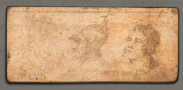 Three heads next to each other, the middle one of a knight in a helmet; men, physiognomic studies, studies of men's heads, male portraits, helmets, men's heads, portraits, heads; 1802; Amsterdam; graphic; graphic matrix/plate; height 3.8 cm, width 8 cm; Michal Plonski (1778–1812), graphic artist; Dominik Witke-Jezewski (1862–1944).