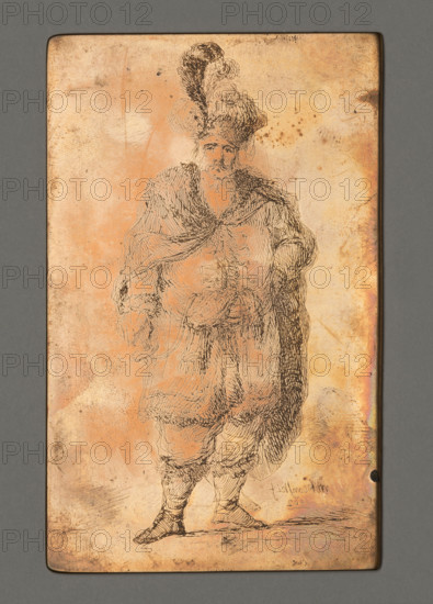Polish nobleman, Plonski, Michal (1778–1812); graphic artist Witke-Jezewski, Dominik (1862–1944); men; figure studies; Polish costumes; male figure studies; sabers; bird feathers; Polish nobility; human types; 1802; graphic; graphic matrix; graphic plate; height 10.5 cm; width 6.4 cm