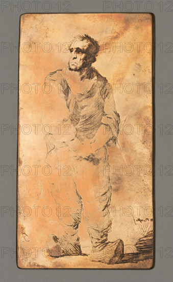 Dutch worker in sabots; Plonski, Michal (1778–1812), graphic artist; character study of a man — worker/poor person wearing klompen (wooden shoes); ca. 1800; graphic matrix/graphic plate; height 10.5 cm, width 5.6 cm.