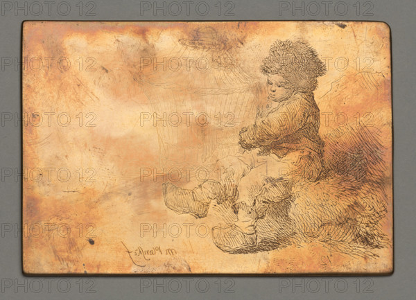 Boy Sitting by a Cage, Plonski, Michal (1778–1812), graphic artist; Witke-Jezewski, Dominik (1862–1944); character studies; human types; children; boys; cages; 1802; Amsterdam; graphic; graphic matrix; graphic plate; height 7.2 cm; width 10.5 cm