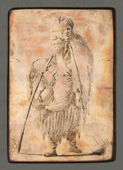 A beggar woman in rags, with a stick in her left hand; Michal Plonski (1778–1812), graphic artist; Dominik Witke-Jezewski (1862–1944); portraits, women's portraits, women's costumes, studies of women's figures, character studies; paupers, beggars, human types, sticks, old women; ca. 1800; graphic; graphic matrix/plate; height 10.9 cm, width 7.5 cm.