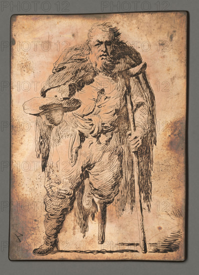 A beggar without a right leg, on a crutch; Plonski, Michal (1778–1812), graphic artist; Witke-Jezewski, Dominik (1862–1944) — human types, character studies, beggars, male character studies, paupers, crutches, cripples, hats (headgear), beggars (genre scenes); ca. 1800; graphic; graphic matrix/graphic plate; height 10.7 cm, width 7.6 cm