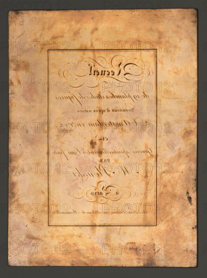 Title page: Collection of 19 planches études de figures Dessinées d'après nature A Amsterdam en 1703. Gravées spirituellement à l'eau forte par M. Plonski à Paris. Title page, ca. 1806, Paris. Graphic plate, graphic matrix. Height 23.6 cm, width 17.3 cm.