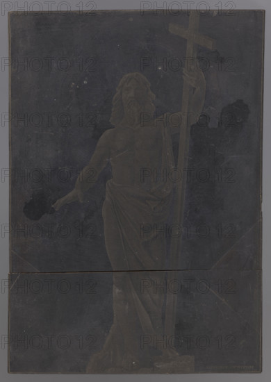 Image of the Resurrected Christ; graphic artist Karol Kloss (1849–1881); sculptor; woodcut; 1873?; publisher Towarzystwo Zachety Sztuk Pieknych; subject: The Resurrected Christ / Jesus Christ; book illustration; sculpture reproductions; 1879–1880; Warsaw; woodcut block; height 18.2 cm, width 12.6 cm, thickness 2.3 cm
