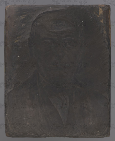 Portrait of Piotr Le Brun, Jr., draughtsman; male portrait; painter Piotr Le Brun (1802–1879) — iconography, illustration, 1878–1879; Warsaw; woodcut block; height 12.6 cm, width 10.1 cm, thickness 2.2 cm