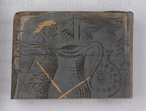Bookplate of Zygmunt Grünstein; verso: fragment of another bookplate crossed out and cut into two parts EX LIBRIS, MVZEVM POKUCKIE. Lopienski, Ignacy (1865–1941), graphic artist; Tyrowicz, Ludwik (1901–1958), graphic artist. Negatively engraved by Ludwik Tyrowicz, 1940, Lviv. Bookplate, graphic matrix, woodcut block; woodcut block height 6.0 cm, width 4.2 cm, thickness 2.2 cm. Motifs: illustrative medical bookplate featuring snakes (zool.), Aesculapian snake (mythological), chalices, jugs.